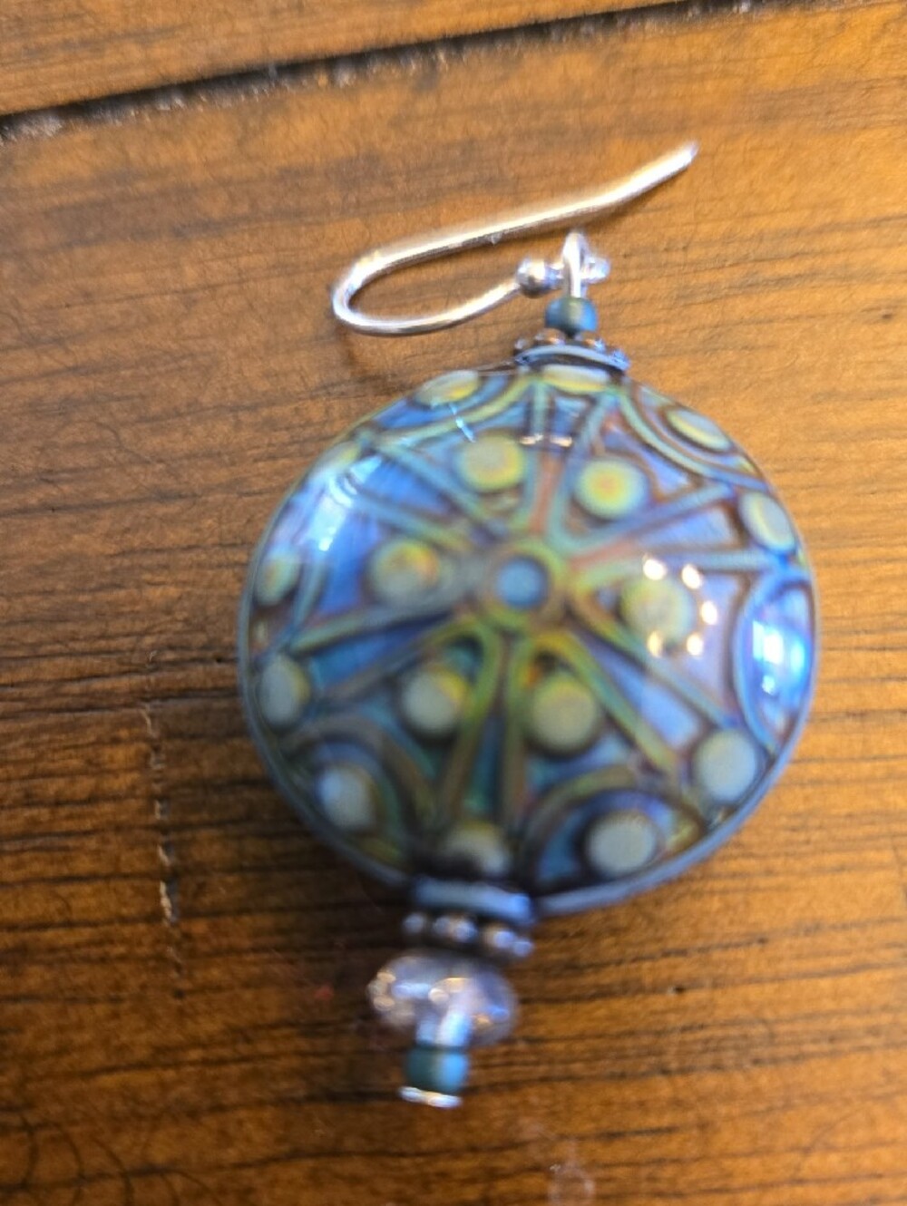 Handcrafted Mood Blue-Green Patterned Glass Drop Earrings - Picture 2 of 3